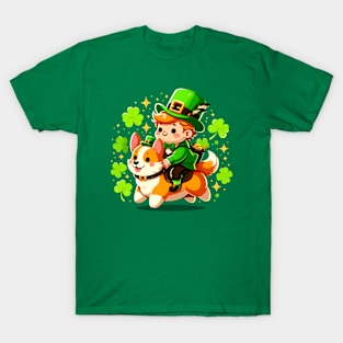 Cute Leprechaun Riding a Corgi - Saint Patrick's Day Theme T-Shirt